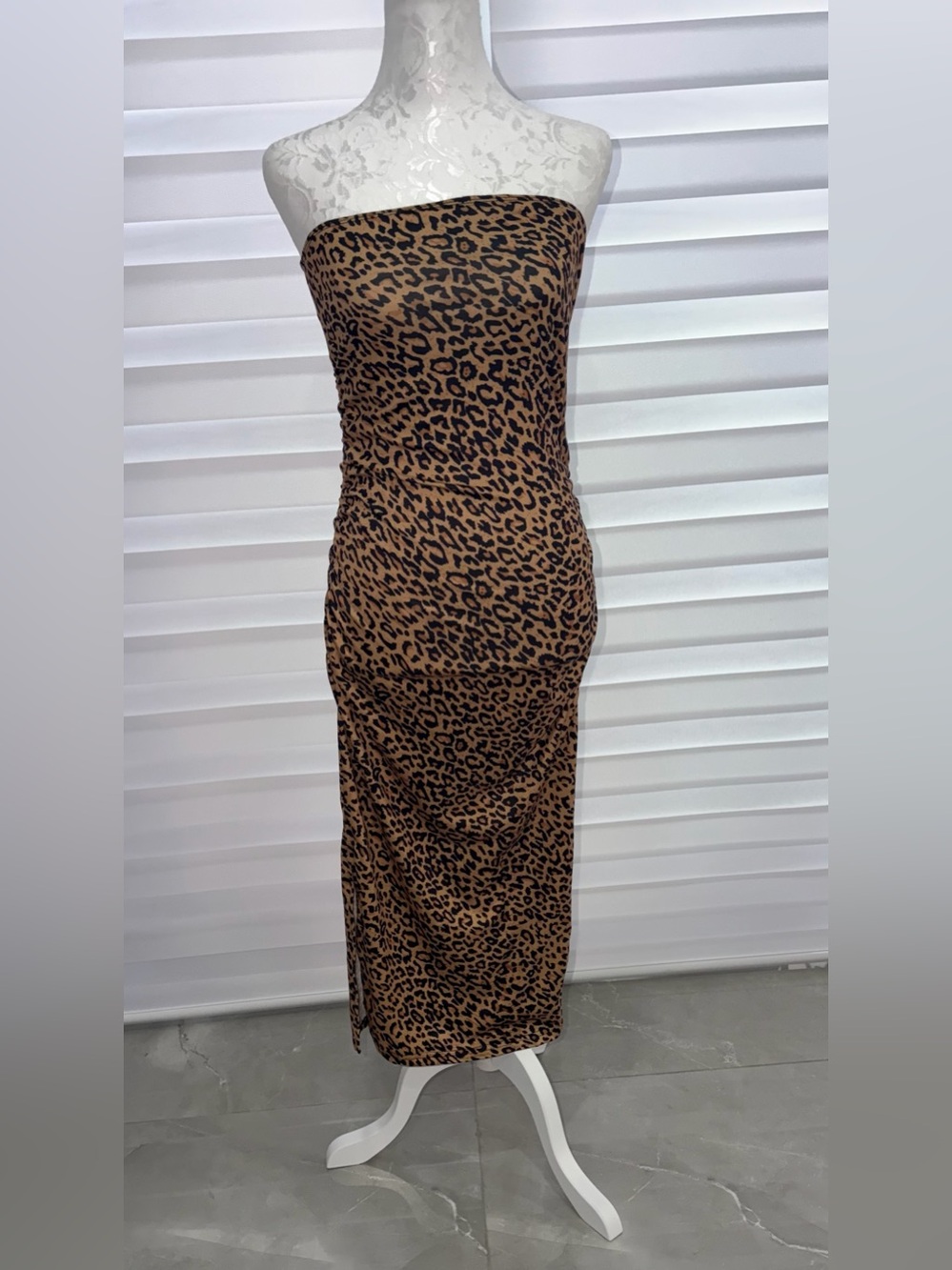 Strapless Leopard Print Midi Dress - Brown